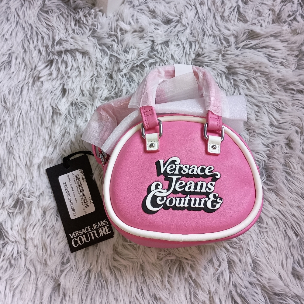 Versace Authentic Grained Faux Leather Top Handle Bag, Pink With Dust Bag
